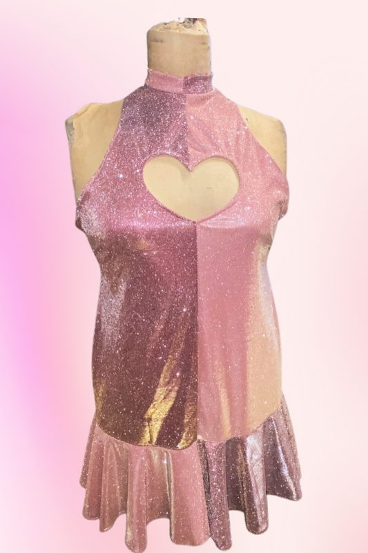 Custom Glitter Pink Heart Cut-Out Dress | Custom Color Block Dress with Ruffle Detail